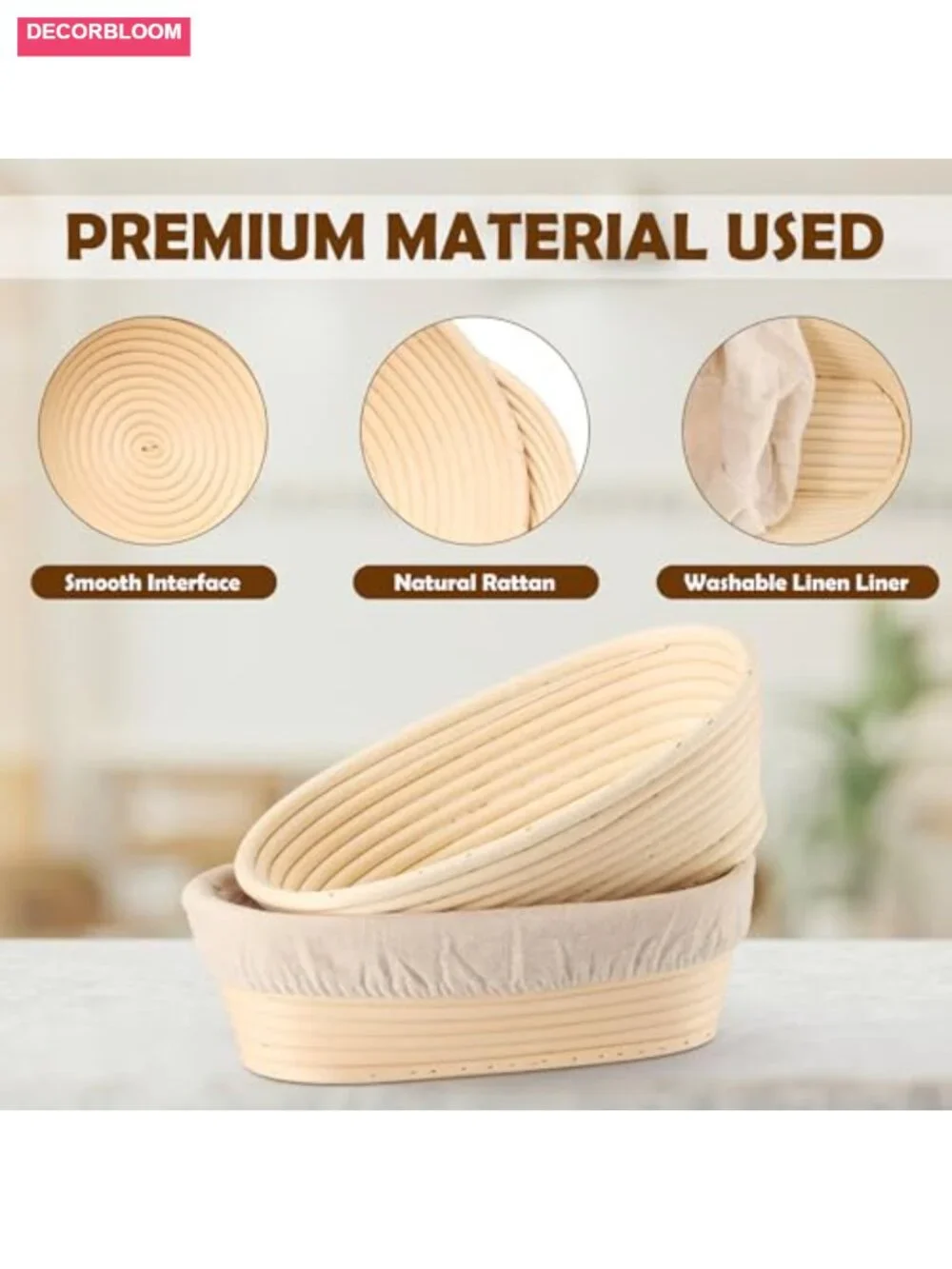 Sourdough Bread Proofing Basket Set of 2 Oval Rattan Dough Rising Bowls with